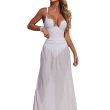 Bikini Sexy de 2 Piezas para Mujer con Vestido Largo de Playa, Color Sólido – Estilo Vacacional 2026 - Traje blanco 9383 - Ver 6