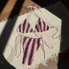 Nuevo bikini sexy con tiras ajustables y diseño de bloques de color en jacquard. - Camel - Ver 9