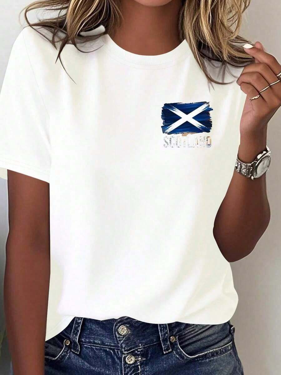 Camiseta Holgada Sencilla Mujer Estilo Moderno 100% Algodón, Camiseta de Manga Corta con Cuello Redondo para Mujer en Algodón, con un Gráfico Único de la Bandera de Escocia, Largo Regular y Estilo Casual para un Look Lindo, Elegante y Listo para Fiestas. Camiseta Mujer Estampado Gráfico Verano 2026 - Blanco - Ver 1