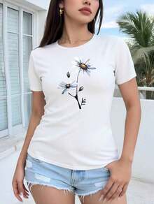 Nuevas llegadas para el verano. Camiseta con estampado de dos margaritas para mujer, camiseta de manga corta con estampado deportivo, camiseta con diseño, blusa para mujer, camisa > Hermosa. - Blanco - Ver 10