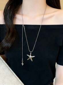Korean Style Metal Star Pendant Necklace, Luxury Elegant Long Adjustable Tassel Sweater Chain Accessory For Women - Silver - View 5