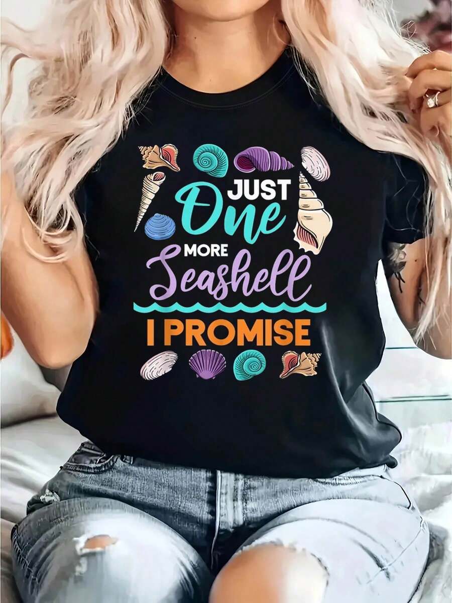 Camiseta de mujer con estampado gráfico humorístico "Just One More Seashell", de manga corta y cuello redondo, casual para primavera-verano, ocio diario, regalo de vacaciones - Negro - Ver 1