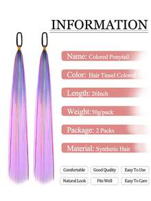 26 Inch Hair Tinsel Colored Ponytail Extension, 2 Packs Ombre Jumbo Braided Ponytail Hair Extensions Ponytail With Elastic Tie, Yaki Straight Sleek Wrap Around Braid Ponytail Natural Soft Synthetic Straight Hair For Women Party Hairpiece Accessories - Multicolor - View 7