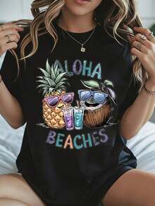 Elegante y casual para mujer, manga corta, camiseta casual de verano con estampado de piñas y cocos en la playa de Aloha, con gafas de sol y bebidas, ropa blanca para vacaciones en la playa para mujer, verano 2024. - Negro - Ver 1