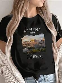Camiseta de peso pesado con estampado de paisajes urbanos de Atenas, estilo casual, ligera y duradera, perfecta para viajes, vacaciones o uso diario, ajuste cómodo y a la moda para mujer, éxito de . - Negro - Ver 7