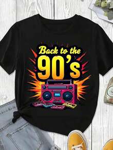 Elegante y casual para mujer, manga corta, camiseta "Regreso a los 90s" con estampado de boombox retro y cinta de casete para fiesta de Halloween, ropa casual blanca para mujer, otoño invierno. - Negro - Ver 3