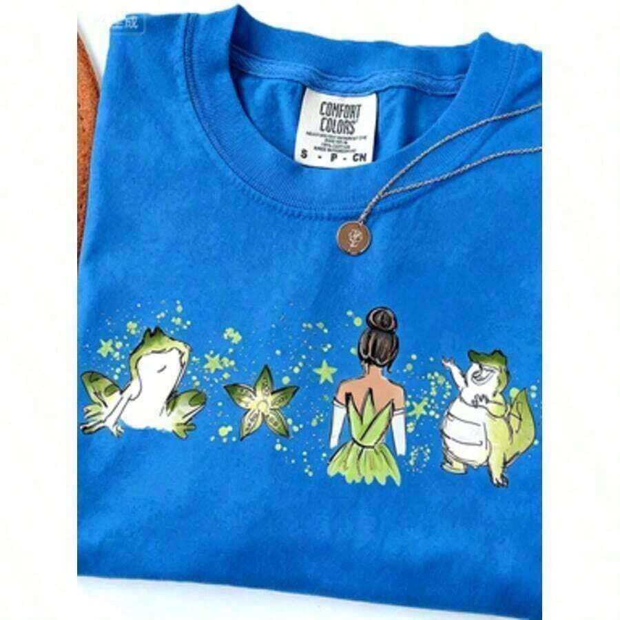 Blusas de manga corta Bonito| 1 Playera para Mujer 100% Algodón Transpirable|Camiseta oficial de la Princesa y el Sapo Tiana para mujer - Diseño de aventura en la bahía de acuarela y la casa de Tiana en Nueva Orleans, cuello redondo suave, manga corta, informal y elegante para fiestas, cómoda para todas las estaciones, lavable a máquina, atuendo temático para la familia, ropa de invierno para mujer - Ideal para el verano.100% Cotton Blusas Para Mujer Casual100% Cotton - Azul - Ver 1