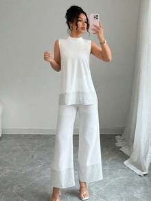 Set de 2 piezas para mujer: Top de cuello alto sin mangas con parches de lentejuelas y pantalones - Blanco - Ver 3