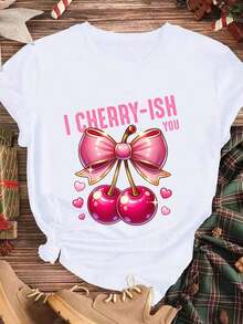 Elegante y casual para mujer, manga corta, linda camiseta con estampado de cerezas para el Día de San Valentín, "I Cherry Ish You", lazo rosa y cerezas, ropa casual blanca para mujer, primavera verano. - Blanco - Ver 3