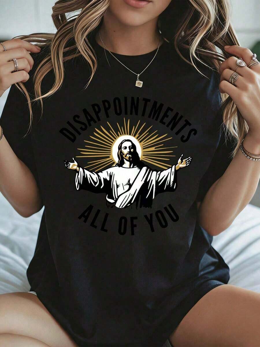 Elegant And Casual Women's Short-Sleeved, Relaxed-Fit T-Shirt With Easter Jesus Print And The Phrase "All Of You With Disappointments", White Casual Wear For Spring And Summer. - 黑色 - 查看 1