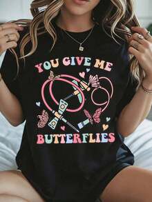 Elegante y casual para mujer, manga corta, linda camiseta para el Día de San Valentín con estampado de mariposas y estetoscopio, ropa casual blanca para mujer, primavera verano. - Negro - Ver 8
