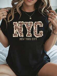 Elegante y casual para mujer, manga corta, camiseta casual para mujer, estampado de leopardo de Nueva York, diseño gráfico NYC, top negro de moda urbana de verano para uso diario. - Negro - Ver 8