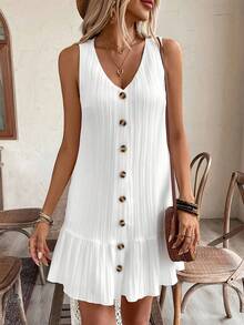 Vestido Casual de Verano sin Mangas para Mujer con Adorno de Volantes y Diseño con Botones al Frente - Marfil - Ver 4