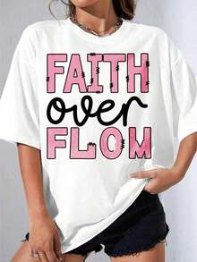 Camiseta Negra y Blanca para Mujer, Camiseta Oversize Blanca con Estampado Gráfico 'Faith Over Flow', para Uso Casual de Verano, Fiestas al Aire Libre, Camiseta Estampada Casual de 180g - Blanco - Ver 1