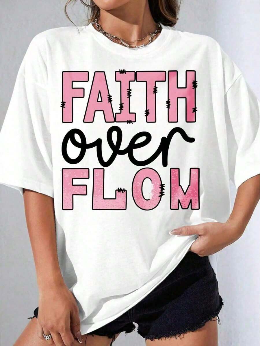 Camiseta Negra y Blanca para Mujer, Camiseta Oversize Blanca con Estampado Gráfico 'Faith Over Flow', para Uso Casual de Verano, Fiestas al Aire Libre, Camiseta Estampada Casual de 180g - Blanco - Ver 1