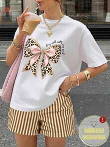 Women's Minimalist Casual T-Shirt With Patterned Print And Striped Shorts, 2-Piece Set, Vintage Summer Street Style, Unisex, Loose Cotton, Short Sleeve, Round Neck, Blouses For Women. Casual Blouses For Ladies. - 白色 - 查看 6
