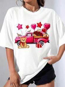 Camiseta Negra y Blanca para Niña, Camiseta Blanca con Estampado de Camión Rosa, Oso de Peluche, Globos y Flores para Uso Casual, Fiesta al Aire Libre, Camiseta Estampada Casual de 180g - Blanco - Ver 1