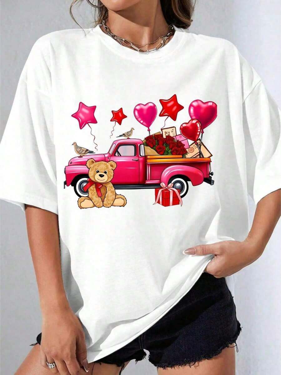 Camiseta Negra y Blanca para Niña, Camiseta Blanca con Estampado de Camión Rosa, Oso de Peluche, Globos y Flores para Uso Casual, Fiesta al Aire Libre, Camiseta Estampada Casual de 180g - Blanco - Ver 1