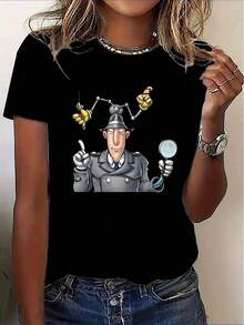 LooseCamiseta Informal De Manga Corta para Mujer con Estampado Gráfico De Detective Humorístico - Tejido Elástico Suave, Cuello Redondo, Lavable A Máquina - Perfecta para Ropa Informal Y Dep - Negro - Ver 6
