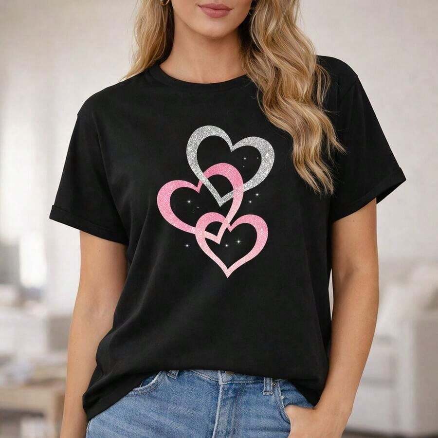 Camiseta Casual de Algodón para Mujer, Top Casual de Manga Corta con Cuello Redondo y Estampado de Corazón Brillante, Camiseta Básica de Corte Holgado para Uso Diario, Idea de Regalo para el Día de San Valentín, Camiseta Gráfica Rosa y Plateada. - Negro - Ver 1