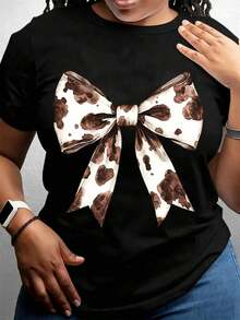 Cute Bow Print T-Shirt, White With Leopard Pattern, Casual Summer Top For Women, Streetwear Style Fashion Outfit, Women's T-Shirt. - 黑色 - 查看 2