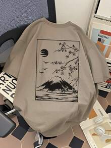 Men's Oversized T-Shirt With Mountain Print, Limited Edition, Short Sleeve, Crew Neck, Cotton, Men's Clothing, Harajuku Summer Style, Y2k, Lightweight Cotton - 杏色 - 查看 12
