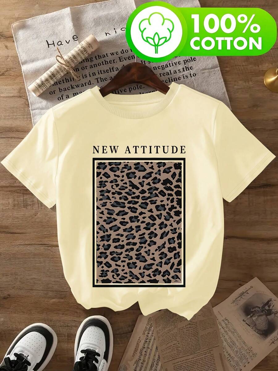 Edición Limitada, Camiseta de Mujer con Estampado de Leopardo, Moda Primavera/Verano, Ropa Casual para Salidas, Diseño Suave y Cómodo, Algodón Ligero - Albaricoque - Ver 1