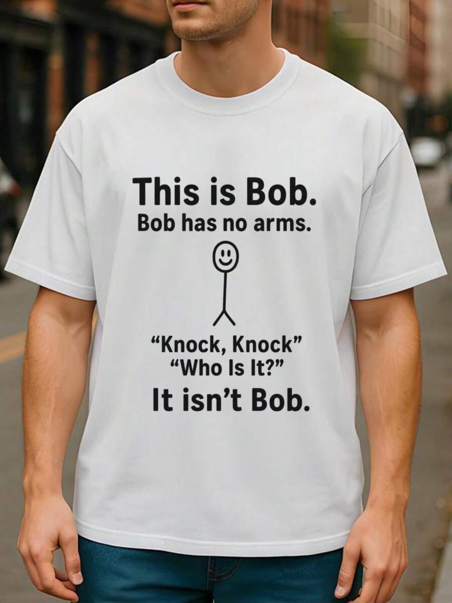 NuevacamisetaY2K2026"Este es Bob"Camiseta de Hombre con Estampado Divertido-Camiseta de manga corta ligera 100% algodón puro, con un sencillo diseño de dibujos animados de "Bob sin brazos", corte regular, ropa casual de verano, lavado a mano/limpieza en seco, estampado divertido, tela transpirable, Camisetas. infantiles,artículosparaelDíadeSanValentín,conjuntosparapadresehijos,camisetascontemáticodelDíadeSanValentín,camisetasestampadasparahombresymujeres,camisas,camisetasconemojispopulares. - Blanco - Ver 1