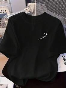 Camiseta de corte regular con estampado de fibra para mujer, camiseta de moda de manga corta con cuello redondo para primavera/verano, top casual de moda, atuendo diario casual de verano. - Negro - Ver 1
