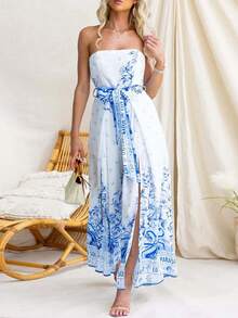 Vestido largo strapless estampado primavera con abertura estilo europeo casual elegante para mujer moderna - Azul - Ver 7