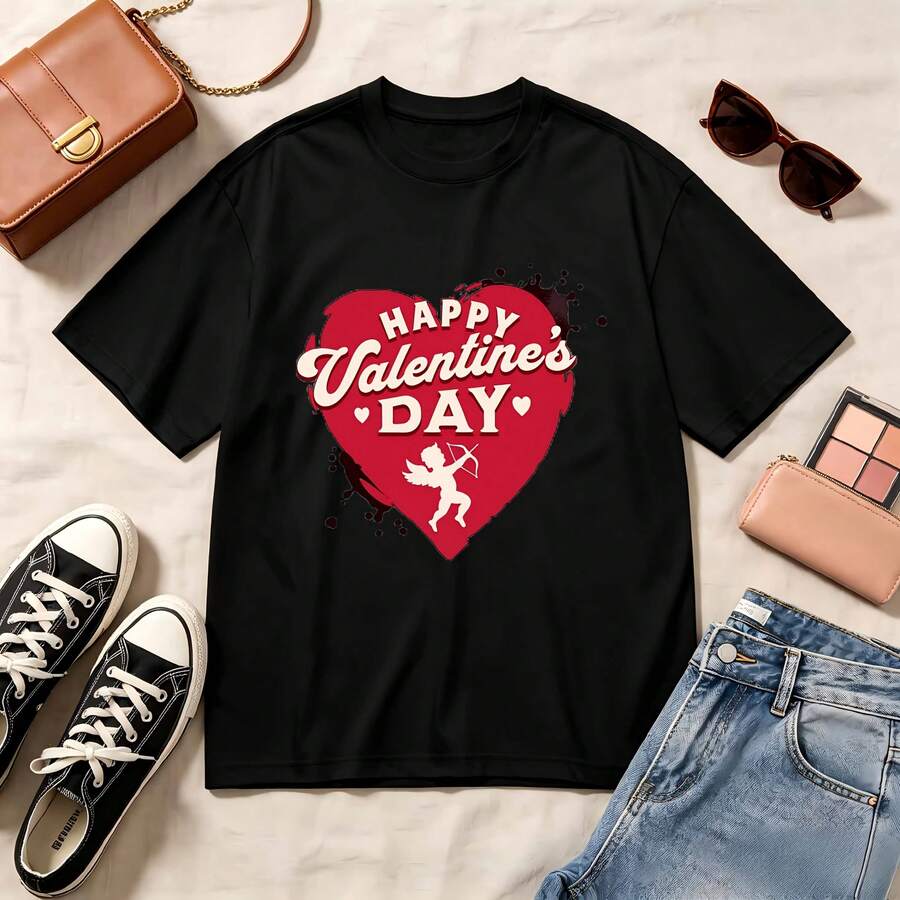 Romantic Valentine's Day Heart Print, 100% Cotton Oversized Soft Breathable Casual Crewneck, Short Sleeve Top, Spring Vibes Streetwear Kawaii - Negro - Ver 1