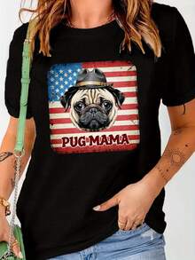 Women's "Pug Mama" Slogan T-Shirt, Western Cowboy Style, New, Summer, Versatile, Casual, Slim Fit And Short Sleeve. - 黑色 - 查看 6
