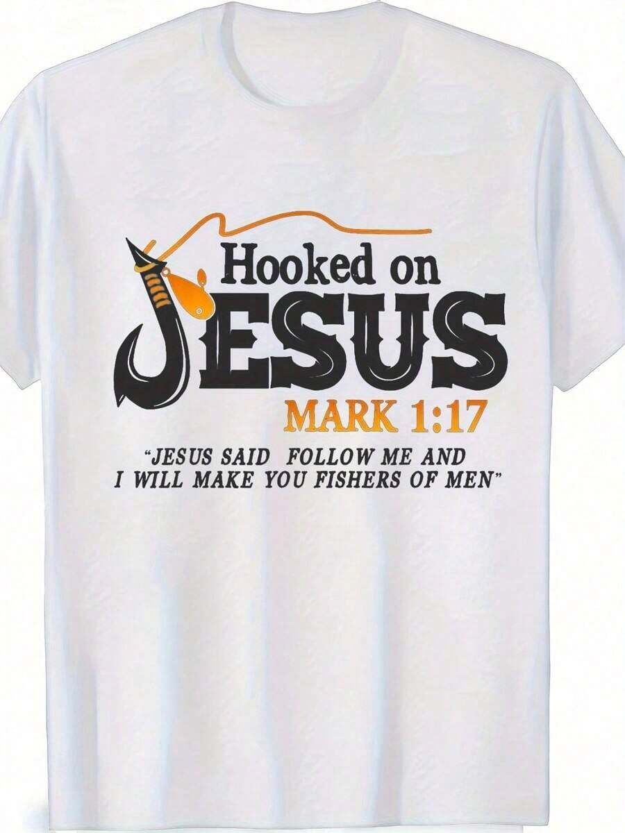Camiseta Gráfica Cristiana para Hombres Altos y Corpulentos, Estilo Retro Urbano, Corte Holgado, Diseño de Pescador en Algodón con la Marca de Jesús Colgada, Transpirable, Lavable a Máquina, Ideal para Uso Diario y Laboral, Regalo Perfecto, Camiseta Casual Elegante para Hombre, Camiseta con Estampado Atrevido, Camiseta de Tela Suave - Blanco - Ver 1