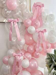5m Pink Satin Ribbon With Bow & Faux Pearl Decor, Suitable For Christmas Tree, Wreath, Door Decor, Fireplace, Indoor DIY, Wedding, Party, Gender Reveal, Birthday, Proposal, Room Backdrop, Party Decoration And Other Elegant Decorations - New Model - View 5