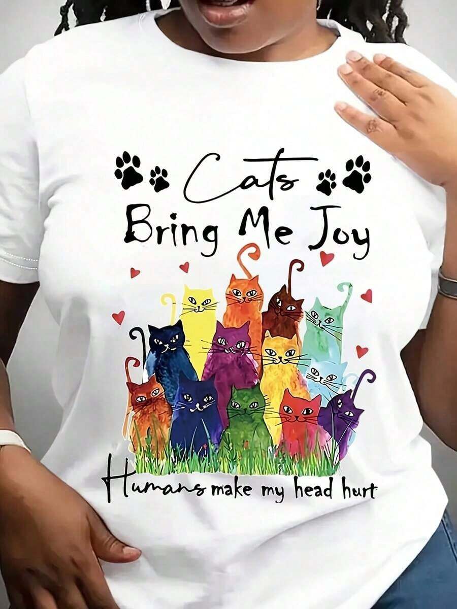 Women's Casual T-Shirt With Cat Print - Cat Cafe Slogan And Colorful Cartoon Cat Print, Summer T-Shirt, Loose Round Neck, Short Sleeve, Cat T-Shirt, Funny And Humorous Clothing, Comfortable Fabric - 白色 - 查看 1