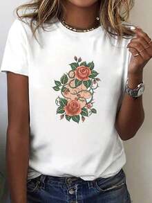 Camiseta de Mujer con Diseño Floral Hecho a Mano - Manga Corta, Cuello Redondo, Estampado de Rosas y Enredaderas, Perfecta para Primavera y Verano, Camiseta Blanca con Flores Rosas y Verdes - Blanco - Ver 6
