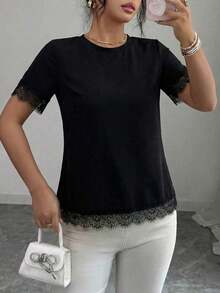Camiseta casual de mujer con parches de encaje en estilo A-line, de estilo romántico francés, adecuada para la oficina y el uso diario, primavera/verano - Negro - Ver 5