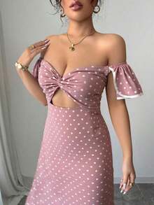 YHHVestido de mujer elegante con hombros descubiertos, lunares y cintura hueca, vestido casual de verano para vacacionesYHH - Rosa Pálido - Ver 2