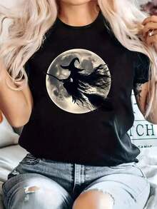 100% cotton Oversize Camiseta gráfica extra grande para mujeres con diseño de bruja y luna negra - Cuello redondo casual, top de manga corta con diseño de brujas volando en escoba, perfecta para primavera y verano, atuendo casual Diseño de luna bruja Tela elástica, para Halloween - Negro - Ver 2