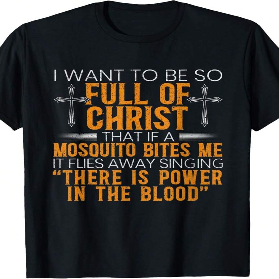 Divertidas y decorativas camisetas cristianas para el Día de la Independencia y el Día del Padre, estampadas con el mensaje bíblico "Espero ser lleno de Cristo". Cómoda camiseta de manga corta con cuello redondo, ideal para la iglesia, con un dise?o de cruz y elementos de comunión (tallas S-XXL). - Negro - Ver 1