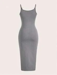 BASICS Vestido casual de cena y citas de unicolor con tirantes de espagueti y silueta ajustada - Gris - Ver 2