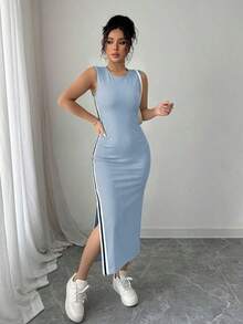 Vestido de cuello redondo con cinta negra y blanca con abertura lateral para mujeres - Gris azul - Ver 4