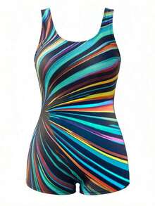 Traje de baño de una pieza con estampado sin mangas para mujer de talla grande, traje de baño casual para vacaciones - Verde - Ver 6