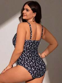 Traje de baño de una pieza con estampado floral pequeño para playa y verano en tallas grandes - Blanco y Negro - Ver 2