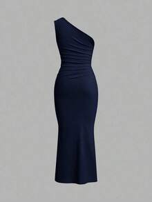 Vestido largo de tipo cola de pez minimalista con hombro asimétrico en color liso, arrugado, para uso diario casual - Azul marino - Ver 2
