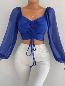 Blusa de manga farol con cuello de corazón y pliegues, corta - azul real - Ver 5