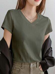 Camiseta de mujer de unicolor con cuello en V y manga corta, estilo de negocios casual de verano "Old Money" para ropa de trabajo de mujer - Verde Oscuro - Ver 6