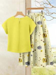 Set de 2 piezas Blusa de unicolor + Falda estampada con flores moradas de estilo casual de vacaciones para mujer, Conjunto de verano para mujer, Conjunto de falda y blusa, Conjunto de falda y blusa para mujer, Conjunto de falda estampada de pri - Multicolor 7 - Ver 2
