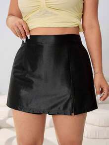 Minifalda de unicolor negro minimalista con diseño de falda pantalón para mujer talla grande, ropa casual de uso diario para invierno - Negro 2 - Ver 8