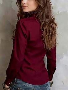 1 pieza Blusa elegante de unicolor de diseño de doble capa de poliéster para mujer, adecuada para vacaciones, uso diario, oficina y uso en el hogar en primavera/verano, color negro - Burdeos - Ver 3